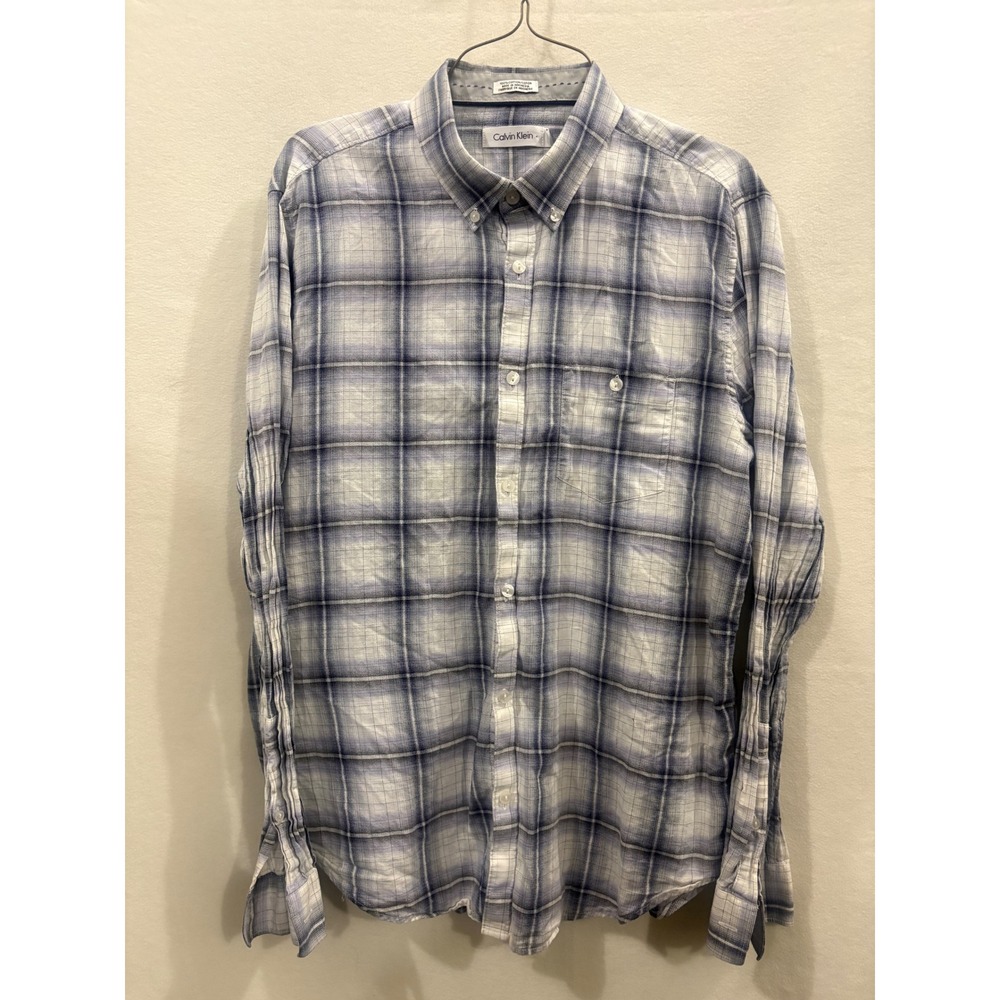 Calvin Klein Mens Blue White Plaid Cotton Button Down Shirt Large Long Sleeve
